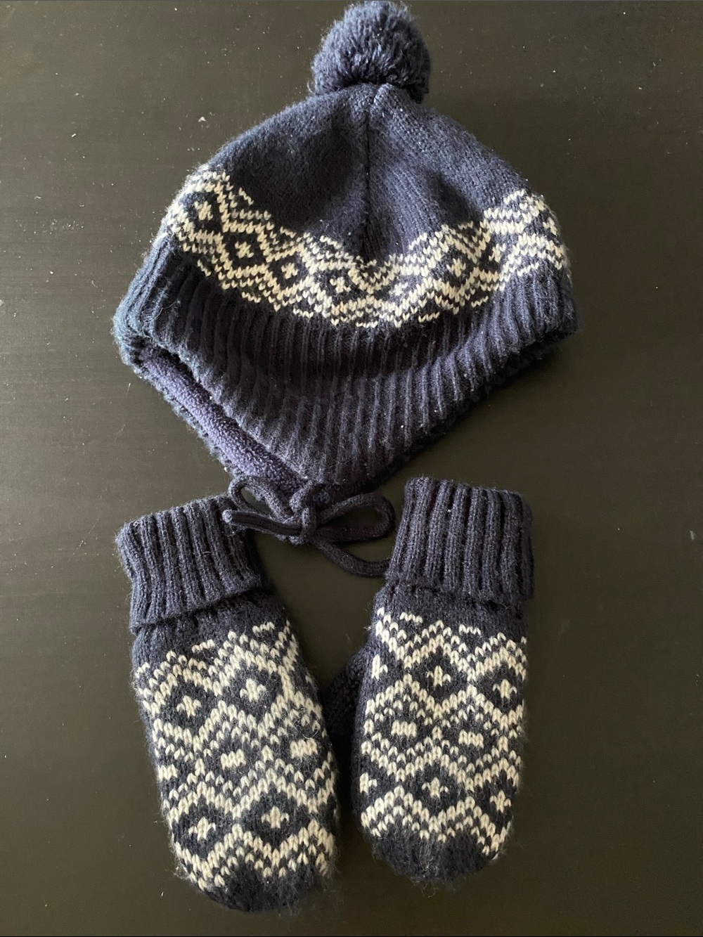 H&M Baby Knit Hat & Mittens Set Navy Blue Fair Isle Pattern Sz 1-3M